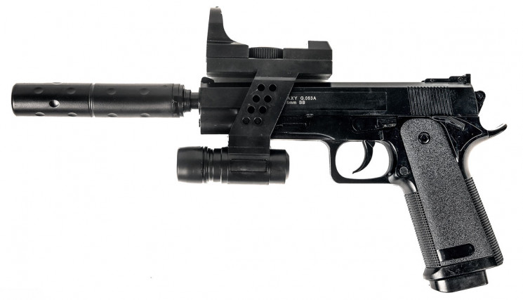 ПИСТОЛЕТ ПНЕВМ. COLT1911 Classic black пластик с глуш., (фонарь, коллиматорный прицел имитация) (Galaxy) G.053A SPRING