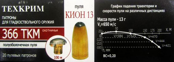 ПАТРОН кал. .366ТКМ пуля "Кион", п/об, 13 гр., пр. ЗАО "ТЕХКРИМ"